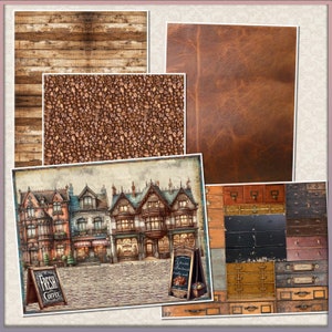 May include: A digital collage featuring various textures and patterns, including wood, leather, coffee beans, and vintage metal drawers. The collage also includes a vintage illustration of a street scene with buildings and a sign that reads "Fresh Coffee".