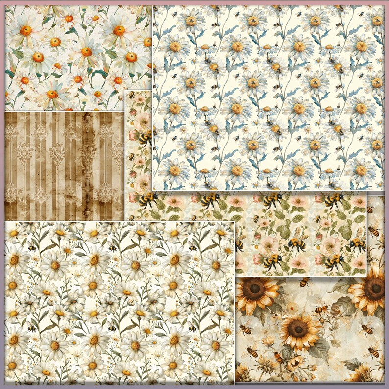 Digitale bijen junk journal kit, neutrale bijen en bloemenpagina's, decoratieve afdrukbare pagina's, instant download antiek papier Digi Kit, collage afbeelding 3