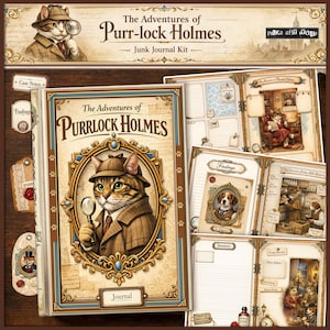 以下が含まれることがあります： 「The Adventures of Purr-lock Holmes」と題されたヴィンテージスタイルのジャンクジャーナルキット。表紙には虫眼鏡を持った猫の探偵が描かれています。ジャーナルページ、ケースノート、調査カードが含まれています。キットは茶色、ベージュ、青色の配色です。