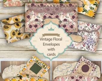 Enveloppes florales vintage avec cartes - Ensemble de 5 enveloppes numériques / enveloppes de fleurs imprimables