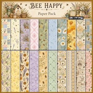 May include: A digital paper pack titled BEE HAPPY featuring twenty-two distinct patterns with illustrations of bees, lavender, daisies, honeycombs, and vintage-style labels. The collection includes floral, geometric, and honeycomb motifs in yellow, purple, blue, and green tones.