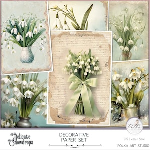 Junk Journal Blank Scrapbooking Vintage Snowdrops Decorative Paper Pack Neutral Vintage Watercolor Pastel Papers Download immediato