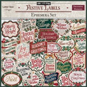 Könnte beinhalten: Eine Sammlung festlicher Etiketten mit weihnachtlichen Texten und dekorativen Elementen. Die Etiketten zeigen Sätze wie „Merry & Bright“, „Joyful Hearts“ und „Christmas Magic“. Das Set umfasst verschiedene Formen und Größen mit einer Farbpalette aus Rot, Grün und Weiß.