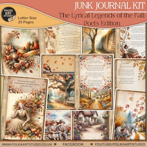 May include: A Junk Journal Kit titled "The Lyrical Legends of the Fall: Poet's Edition" with 25 pages. The kit features vintage-style illustrations of autumn scenes, including landscapes, a woman, and children. The color palette includes warm tones of brown, orange, and beige.