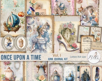 May include: A digital junk journal kit with a fairytale theme. The kit includes images of a glass slipper, a clock, a carriage, a castle, and a princess. The text "Once Upon a Time" and "Vol. I Junk Journal Kit" is included in the image.