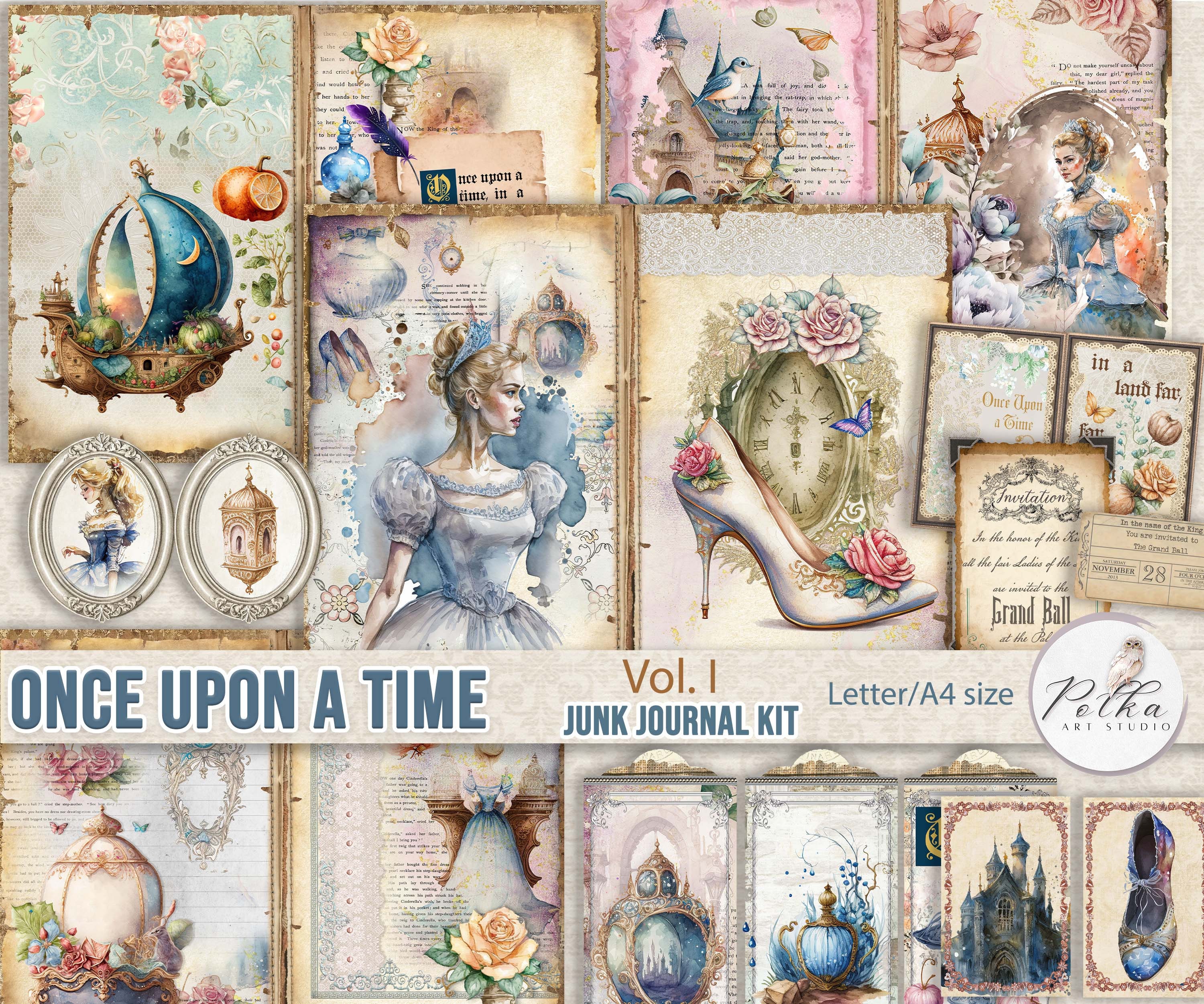 Junk Journal Kit, Fairy Tale Journal Pages, Digital Download