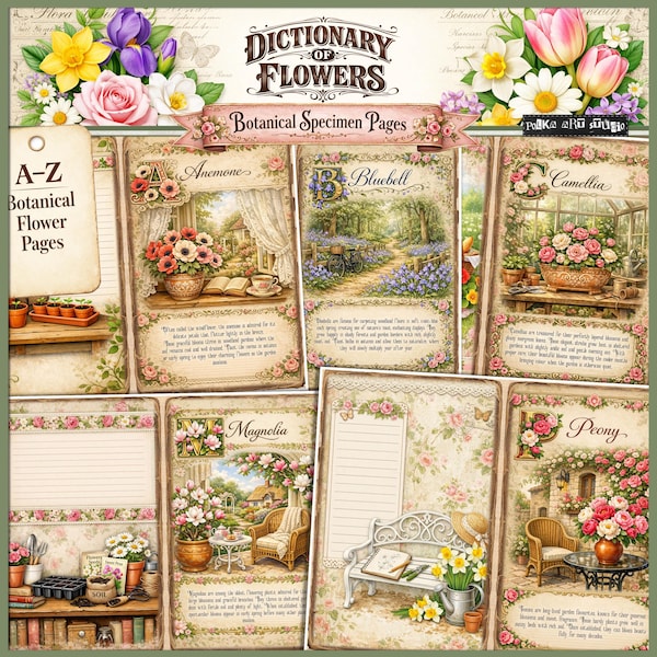 Páginas botánicas de flores de la A a la Z / Kit de diario creativo con diccionario de flores / Páginas del alfabeto botánico / Imprimible floral vintage