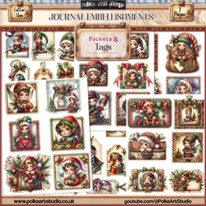 Digital Christmas Decorative Junk Journal Embellishments, Craft Supplies, Pockets and Tags Set, Christmas Printable, Vintage Papers