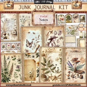 Diario digital vintage con diseño botánico, notas de campo decorativas antiguas, páginas de diario neutras con flores, paquete de papel vintage, descarga instantánea
