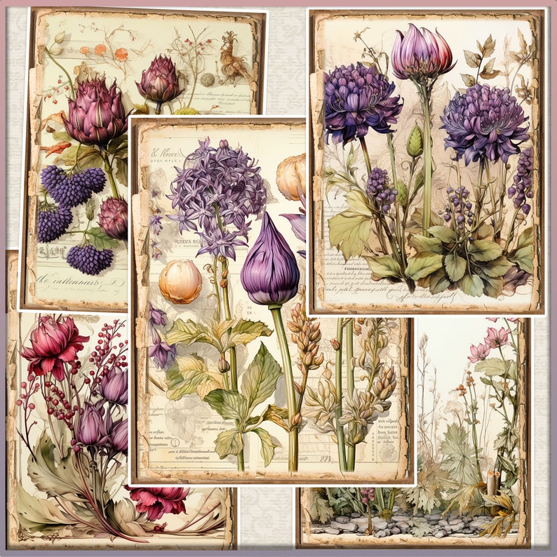May include: A collage of vintage botanical illustrations featuring purple flowers with intricate details. The images are set against a background of old paper with handwritten text.