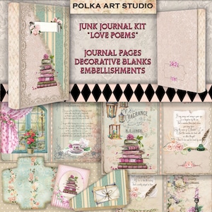 Junk Journal "Love Poems" / Papéis surrados para impressão, Diário decorativo vintage / Kit romântico para download instantâneo / Tamanho carta e A4 incluídos