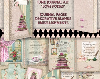 Junk Journal « Love Poems » / Papiers imprimables Shabby, Journal décoratif vintage / Kit romantique à téléchargement instantané / Format lettre et A4 inclus