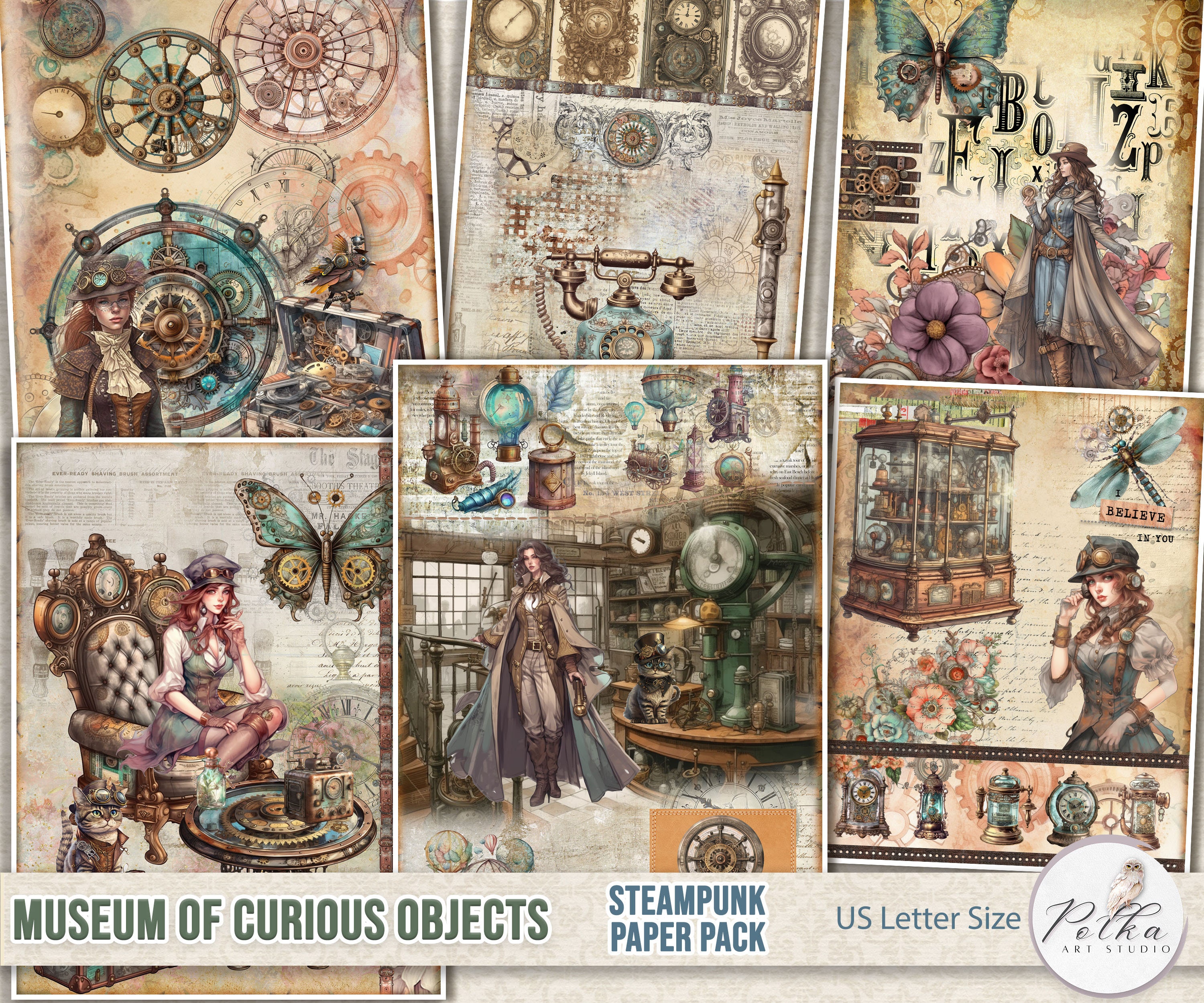 Scrapbook Paper Pack Steampunk Crafting Paper, Digi Kit, Printable Steampunk Craft Kit, Digital Download, Vintage decorative paper