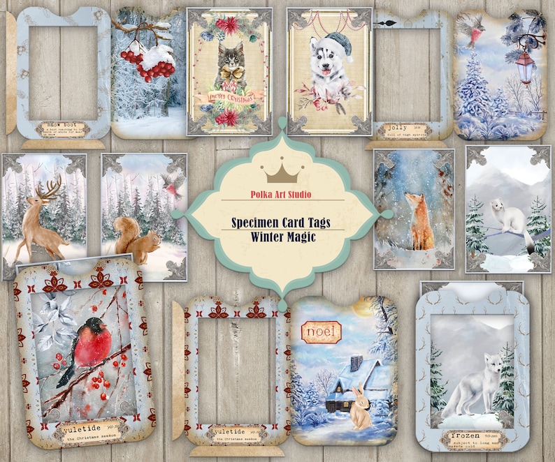 May include: A set of 12 winter-themed printable card tags featuring various illustrations, including a deer, squirrel, fox, rabbit, cat, dog, and a snowy landscape. The tags are decorated with a vintage-inspired design and include the text "Winter Magic" and "Polka Art Studio".