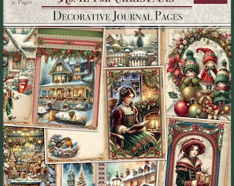 May include: A collection of decorative journal pages with a Christmas theme. The pages feature illustrations of festive scenes, including snow-covered houses, cozy interiors, and charming characters. The text "Home for Christmas" and "Decorative Journal Pages" are visible.