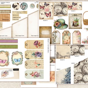 K&ouml;nnte beinhalten: Ein digitales Scrapbooking-Set mit Vintage-Thema mit Schmetterlingen, Uhren, Blumen und Etiketten. Das Set enth&auml;lt Bilder, Papiere und Verzierungen zum Erstellen von digitalen Scrapbooking-Seiten, Karten und anderen Projekten.