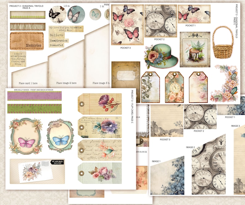 K&ouml;nnte beinhalten: Ein digitales Scrapbooking-Set mit Vintage-Thema mit Schmetterlingen, Uhren, Blumen und Etiketten. Das Set enth&auml;lt Bilder, Papiere und Verzierungen zum Erstellen von digitalen Scrapbooking-Seiten, Karten und anderen Projekten.