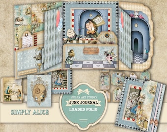 Folio chargé « Simply Alice » Junk Journal Ephemera / Pays des merveilles / Papier imprimable / Téléchargement instantané / Folio pliable / Insertion de journal