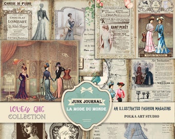 Junk Journal Victorian Fashion "La Mode du Monde" Illustrated Magazine,Victorian Lady, Journal Pages, Vintage printable papers