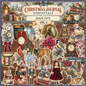 May include: A collection of Christmas-themed paper cutouts featuring a deer, a nutcracker, a girl in a red dress, a mouse, a cardinal, a bird, a bell, gifts, poinsettias, and a clock, labelled Christmas Journal Essentials Fussy Cuts Vol. 4.