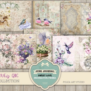 Ongewenste dagboekpagina's "Sweet Love" Vintage shabby chic Decoratieve dagboekpagina's, scrapbooking, afdrukbaar papier in pastelkleuren