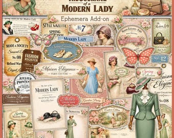 Modern Lady Ephemera – Vintage Fashion Junk Journal Fussy Cuts, Shabby Chic Labels Tags Printable Kit