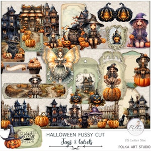 Journal numérique Halloween, étiquettes et étiquettes de coupes difficiles, éphémères, automne vintage, automne, citrouilles, décorations pour journalisation imprimables