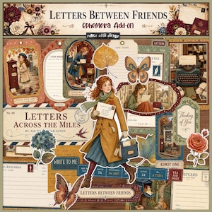 Puede incluir: Una colección de efímeros de papel de estilo vintage con el texto Letters Between Friends y Letters Across The Miles. El conjunto incluye ilustraciones de una persona con abrigo beige, mariposas, flores, buzones y varias postales.
