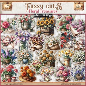 Diario digitale di spazzatura floreale Fussy Cuts Vintage Ephemera Fiori, adesivi digitali, download stampabile Fiori primaverili Scrapbooking, collage