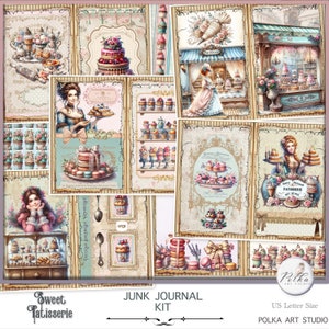 Zestaw dziennika Digital Junk Journal Patisserie, dziennik kulinarny Vintage Shabby Chic Pamiętnik pieczenia Słodycze, desery Vintage Ephemera i papier do scrapbookingu
