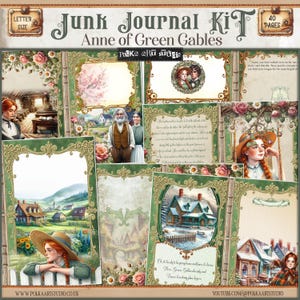 Op de afbeelding: Een digitale printbare junk journal-kit met illustraties uit de klassieke roman Anne of Green Gables. De kit bevat 40 pagina's met afbeeldingen, waaronder Anne, Matthew, Marilla en scènes uit het boek. De kit is perfect voor scrapbooking, journalen en andere creatieve projecten.