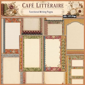 Puede incluir: Una colección de papelería digital con el texto Café Littéraire y Functional Writing Pages. El conjunto incluye varios diseños de papel rayado y en blanco con patrones florales, bordes de encaje y detalles de cordones tipo corsé.