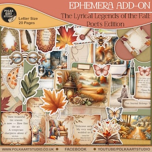 Puede incluir: Un collage con temática otoñal que incluye hojas, mariposas e ilustraciones vintage. Se muestra el texto "The Lyrical Legends of the Fall: Poet's Edition". Incluye citas y el texto "Letter Size 20 Pages".