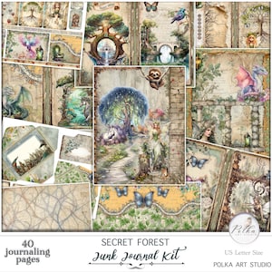 Digitales Junk Journal Kit, Fantasy Forest Feen Journal, Vintage Magische Seiten, Tiere,Einhörner und Drachen Seiten,Collage Vintage Download