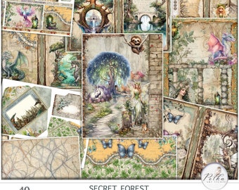 Digital Junk Journal Kit, Fantasy Forest Fairies Journal, Vintage Magical Pages, Animals,Unicorns & Dragons Pages,Collage Vintage Download