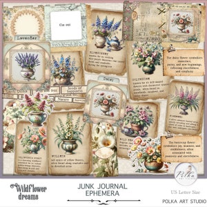Kit digital de efímeras para diario botánico de primavera, etiquetas imprimibles de flores silvestres, tarjetas, portaobjetos, collage decorativo, kit digital, naturaleza