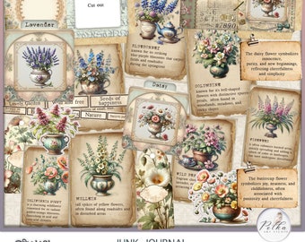 Frühling Botanisches Junk Journal Ephemera Digitales Kit, Wildblumen druckbare Tags, Karten, Objektträger, dekorative Collage, Digi Kit, Natur
