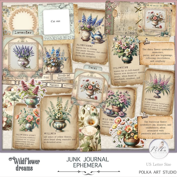 Spring Botanical Junk Journal Ephemera Digital Kit, Wildflowers Printable Tags, Cards, Specimen Slides, Decorative Collage, Digi Kit,Nature