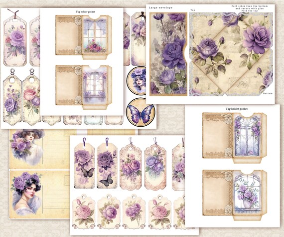 Vintage style distress floral junk journal papers, digital