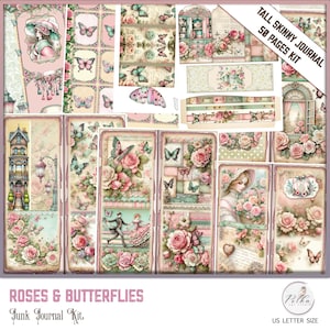 Kit numérique de journal indésirable grand et maigre artisanat pastel roses, pages de journalisation de papillons, téléchargement imprimable, pages shabby chic vintage