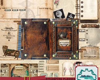 Junk Journal Steampunk Planner - 25 printable planner kit / Steampunk digital download