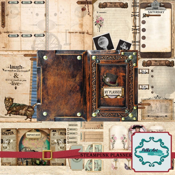 Junk Journal Steampunk Planner - 25 printable planner kit / Steampunk digital download