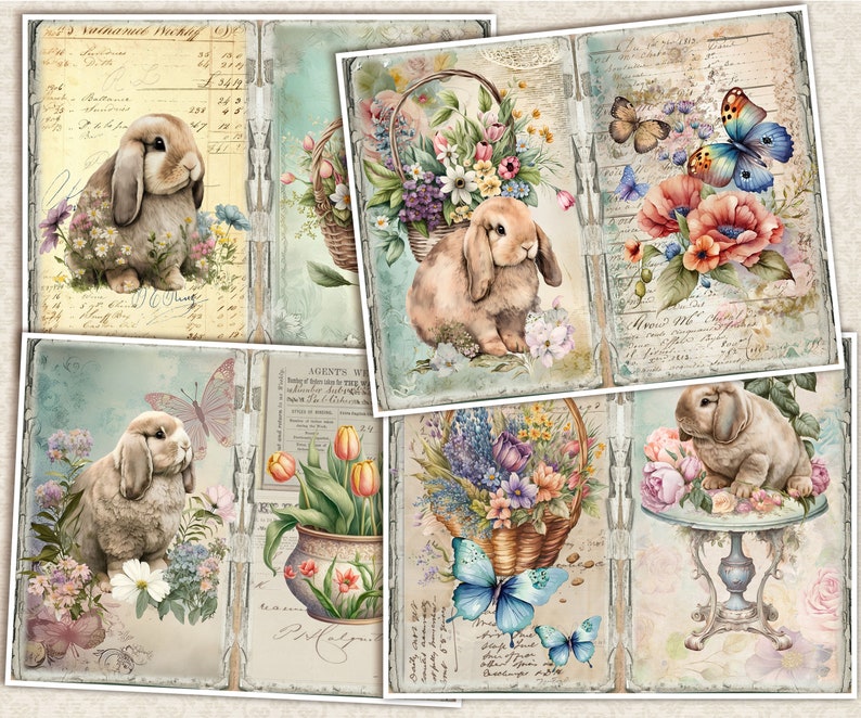 Vintage Easter Bunny Junk Journal Kit: Shabby Chic Collage Papers ...