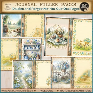 Pu&ograve; includere: Pagine di riempimento del diario con un'estetica vintage. Le pagine presentano illustrazioni ad acquerello di margherite, nontiscordardim&eacute; e scene pastorali. Le pagine sono in formato lettera e includono opzioni a righe e non.