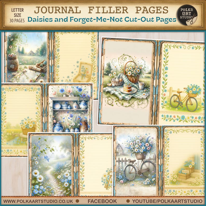 Pu&ograve; includere: Pagine di riempimento del diario con un'estetica vintage. Le pagine presentano illustrazioni ad acquerello di margherite, nontiscordardim&eacute; e scene pastorali. Le pagine sono in formato lettera e includono opzioni a righe e non.