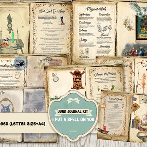 Afdrukbare digitale kit Junk Journal, digitale collagebladen magische spreuken, Magic Junk Journal direct downloaden, spreukenboek