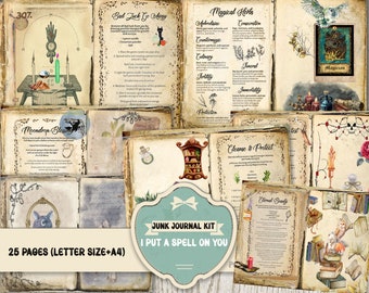 May include: A collection of vintage-style journal pages with handwritten text and illustrations. The pages feature themes like magic, herbs, and spells, with the text "JUNK JOURNAL KIT I PUT A SPELL ON YOU" on a teal label. The kit includes 25 pages.