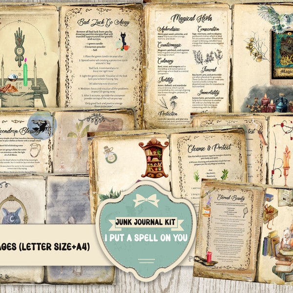 Junk Journal Digital Kit Printable, Magic Spells Digital Collage Sheets, Magic Junk Journal Instant Download, Book of Spells