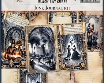 May include: A junk journal kit titled "The Forgotten Books Black Cat Curse." The kit includes journal pages and embellishments. The design features gothic illustrations, vintage paper textures, and the text "Bewitched Journal."