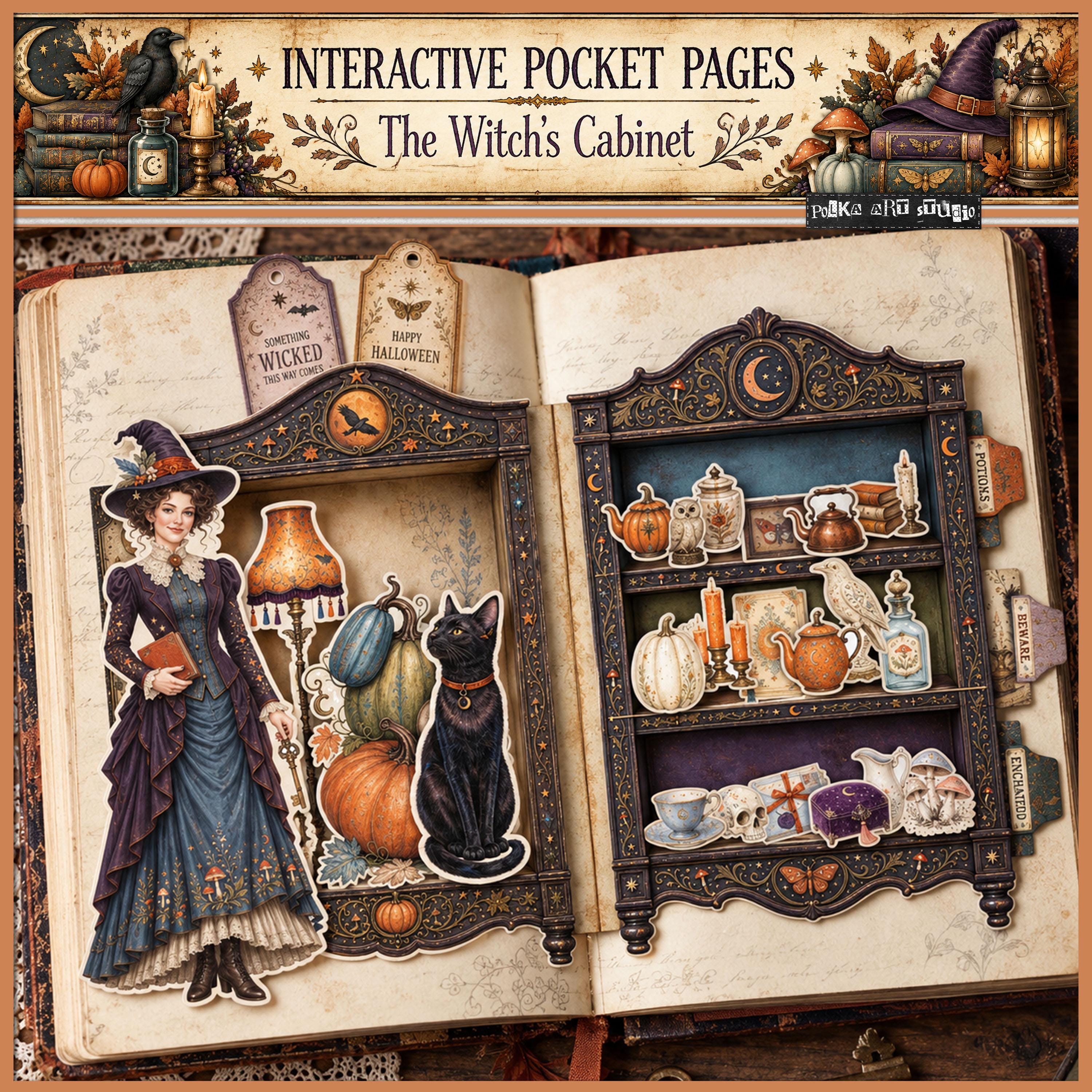 Halloween Junk Journal Pockets Printable, Interactive Pocket Pages, Witch Cabinet, Fussy Cuts, Halloween Journal Kit